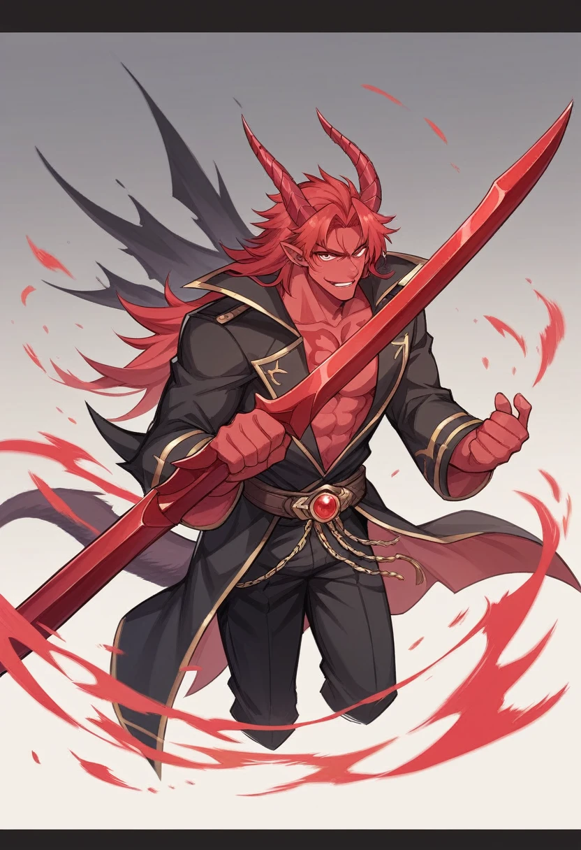 He was handsome male with sharp features and alluring crimson eyes . His hair is black down to his waist. In his right hand he has greatsword 200 cm long black blade , red engravings and hilt filled with demonic looking dragon with various gem of different colours of each element. In his left hand he has equipped gauntlet with red vein like outlines