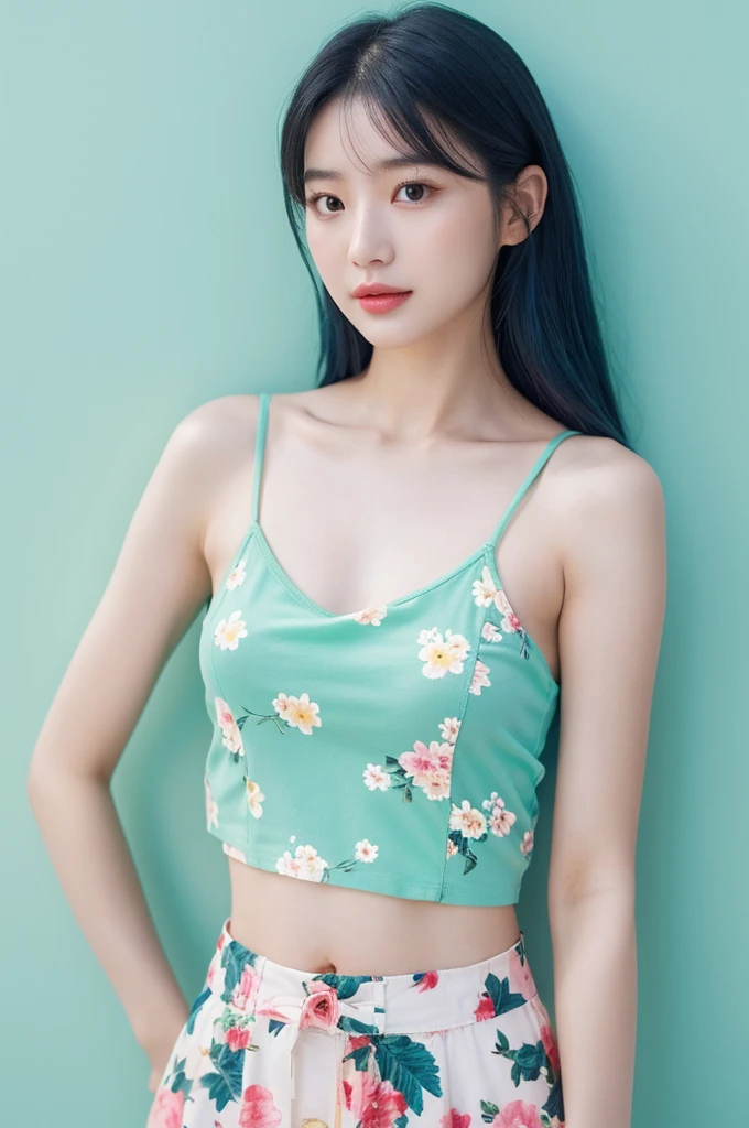 a woman in a floral Top of crop and mint skirt posing for a picture, Top of crop, Top of crop, , Wearing a white tank top, Bae Suzy, Wearing a camisole, physical : The smallest belly ever, Beautiful young Korean woman, Cui Xianhua, Cute core, lulu chen, reluvy5213, Light blue hair