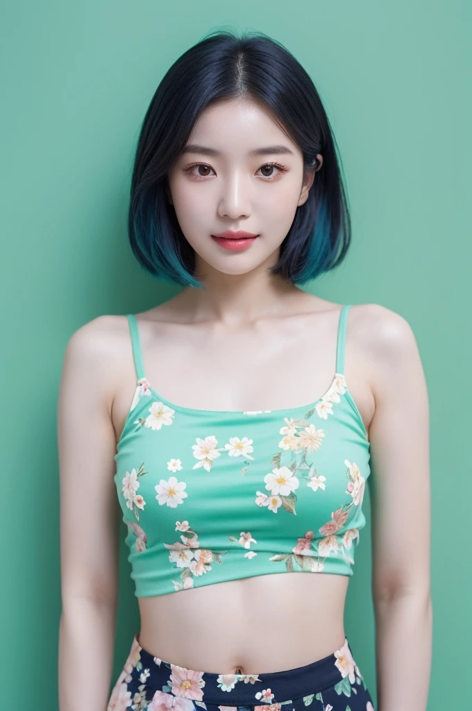 a woman in a floral Top of crop and mint skirt posing for a picture, Top of crop, Top of crop, , Wearing a white tank top, Bae Suzy, Wearing a camisole, physical : The smallest belly ever, Beautiful young Korean woman, Cui Xianhua, Cute core, lulu chen, reluvy5213, Light blue hair