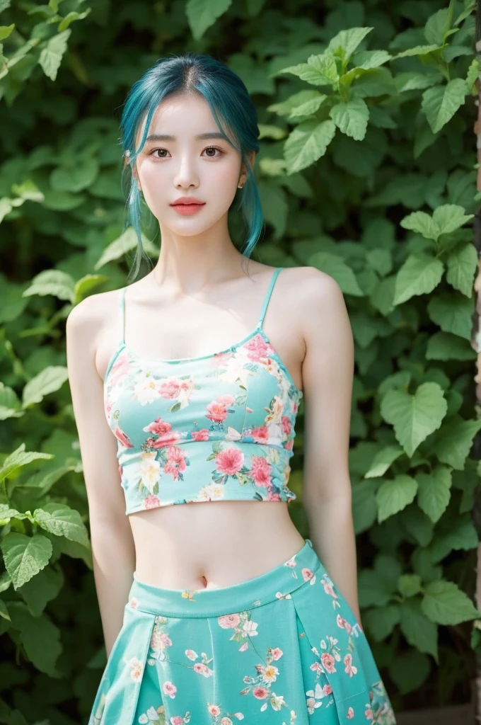 a woman in a floral Top of crop and mint skirt posing for a picture, Top of crop, Top of crop, , Wearing a white tank top, Bae Suzy, Wearing a camisole, physical : The smallest belly ever, Beautiful young Korean woman, Cui Xianhua, Cute core, lulu chen, reluvy5213, Light blue hair