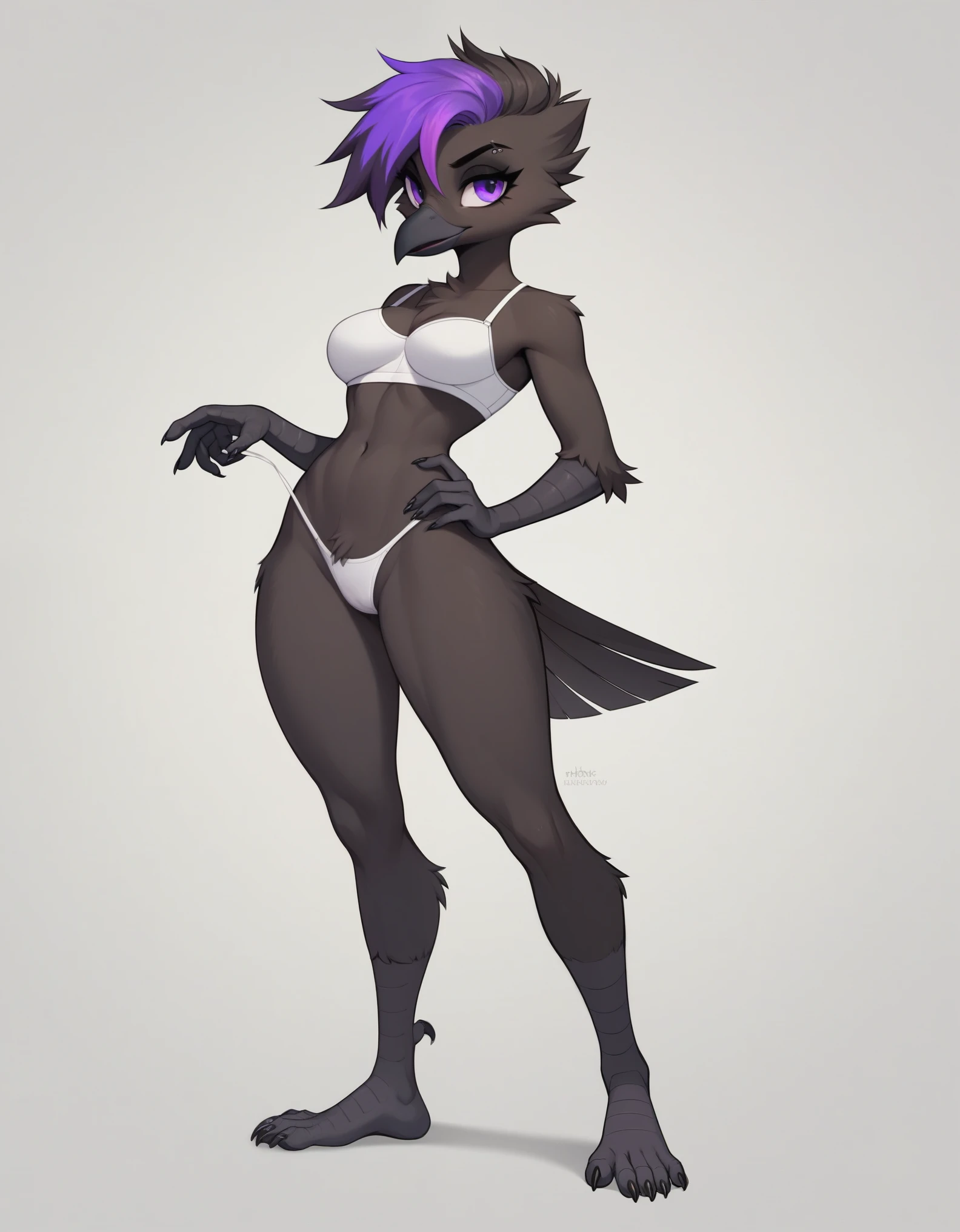 Score_9, score_8_up, score_7_up, flat colors,  an Anthro avian crow girl, female, small grey beak, tall, small crow tail, black body, standing, white background, purple eyes, short black emo hair, purple highlights in hair, hands with five fingers, wearing white bra, white thong, full body shot, barefoot, bird leg texture, bird arm texture,  5 toes, toe claws