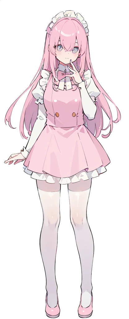 (((Long pinky Beautiful Hair))),pink hair,kawai,(((Eyes visible from bangs,hair over eyes:1.3))),,Huge breasts,(cyan color eyes),,(pink slanted eyes),1girl in,bangs,long CYAN hair, pantyhose,Cowboy Shot,white background,short hair,smiled,(wearing pink maid clothes), (maid dress type must have a perfect pink vest), Bangs should be long to the tip of the chin(((Standing pose facing to the right side free hand pose))), white background, Perfect arm fingers,,, 1 girl, ((The image must match the tag)) Bangs almost cover the eyes full body (The character's entire body from top to bottom is completely visible) (The character's entire body is visible from head to toe) wearing shiny pink shoes (full body image full body image) full body image full body image) white background, Long slim legs, Perfect pink maid outfit perfect pink vest perfect pink jabot