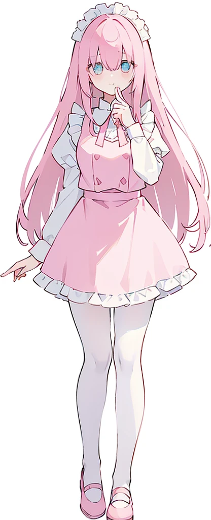 (((Long pinky Beautiful Hair))),pink hair,kawai,(((Eyes visible from bangs,hair over eyes:1.3))),,Huge breasts,(cyan color eyes),,(pink slanted eyes),1girl in,bangs,long CYAN  hair, pantyhose,Cowboy Shot,white background,short hair,smiled,(wearing pink maid clothes), (maid dress type must have a perfect pink vest), Bangs should be long to the tip of the chin(((Standing pose facing to the right side free hand pose))), white background, Perfect arm fingers,,, 1 girl, ((The image must match the tag)) Bangs almost cover the eyes full body (The character's entire body from top to bottom is completely visible) (The character's entire body is visible from head to toe) wearing shiny pink shoes (full body image full body image) full body image full body image) white background, Long slim legs, Perfect pink maid outfit perfect pink vest perfect pink jabot 