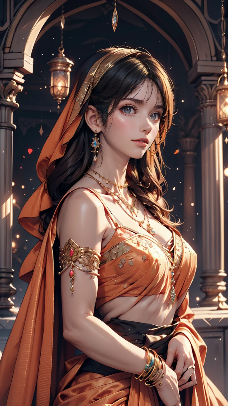 Arabian woman wearing a sari and a necklace, Complex set, Jeweled, Wearing something complicated, Elaborate jewellery, with Intricate details, Complicated costumes, Wearing elegant jewelry, Intricate details. from the front, Black Jewelry, Elaborate jewelry, high Intricate details, Hand Jewelry Model Photos, Close-up portrait, Complex beauty, Exquisite Jewelry, side view Intricate details