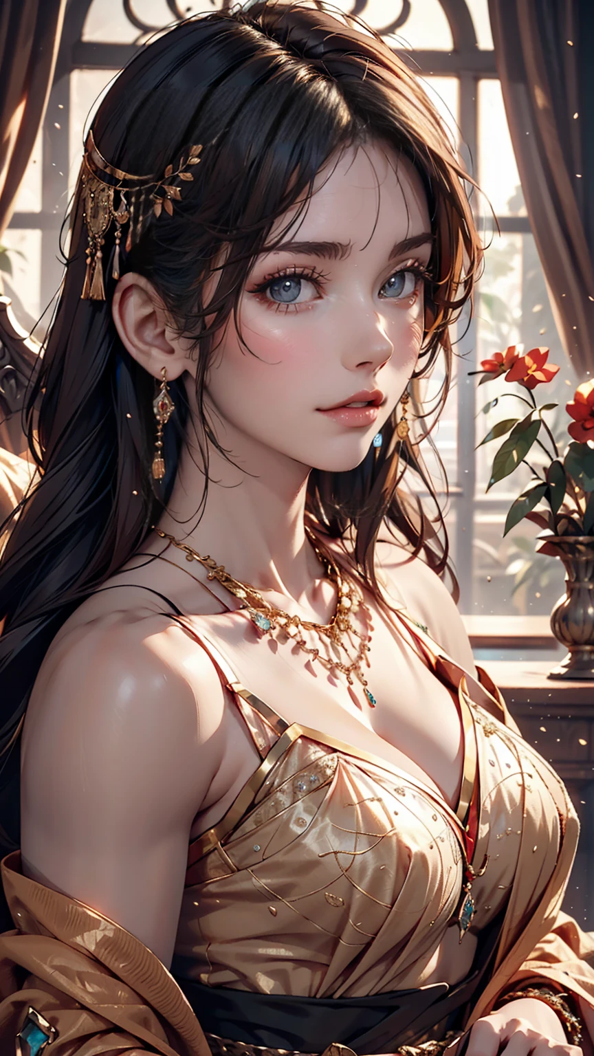 Arabian woman wearing a sari and a necklace, Complex set, Jeweled, Wearing something complicated, Elaborate jewellery, with Intricate details, Complicated costumes, Wearing elegant jewelry, Intricate details. from the front, Black Jewelry, Elaborate jewelry, high Intricate details, Hand Jewelry Model Photos, Close-up portrait, Complex beauty, Exquisite Jewelry, side view Intricate details