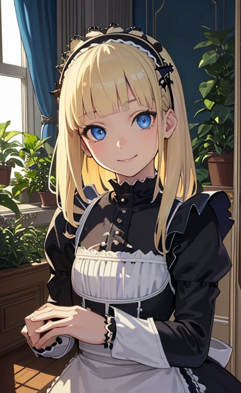 (masterpiece:1.5、Photorealistic:1.4,High Saturation:1.4、high resolution:1.4)、,(spot light:1.2、Exquisite beautiful eye:1.5,)、()、
(kind eyes、tareme:1.4),()、(Cute Face)、(blonde hair:1.5)、(middle hair:1.5),(sidelock :1.6),(blunt bangs:1.3),(1 girl)、(blue eyes:1.2)、(upper body:1.5)、(light smile:1.5),()、()、() ,(),(flat chest),(),(gothic lolita maid:1.5),(A room full of plants:1.5)、()、()、Slim Body(),Shiny Hair、girl、