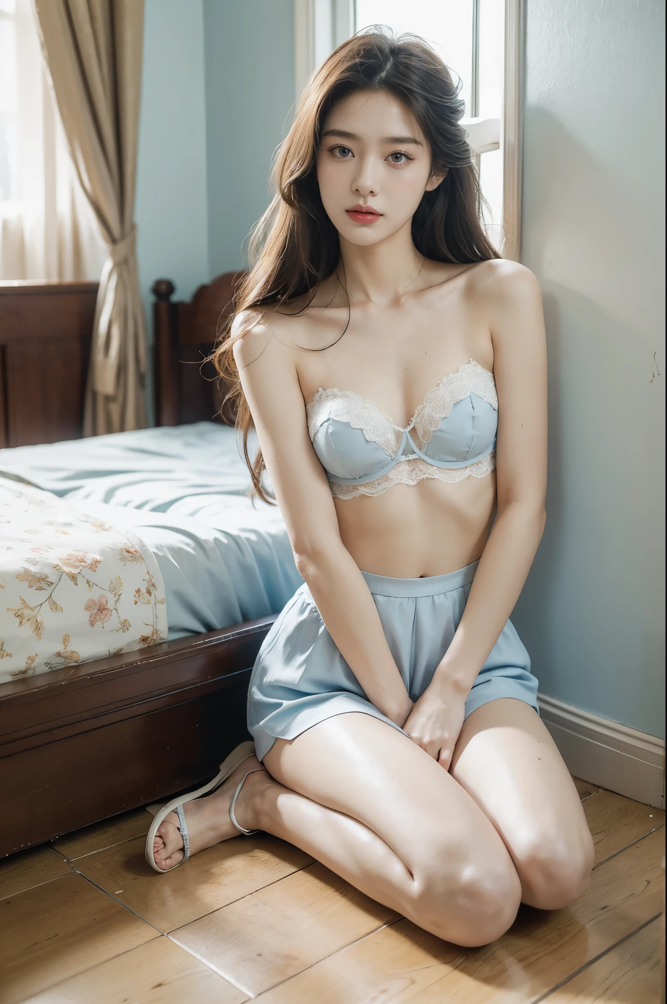 (((best quality))),(((ultra detailed))),(((masterpiece))),illustration,((1 beautiful girl,solo)),slim,thin,small ,flat chest,shoulder length straight hair,on bed,dilapidated,hotel room,summer's afternoon,anticipation,shyness,boyfriend,date,big almond-shaped eyes,excited,nervous,fair skin,flawless,rosy cheeks,strapless,light blue bra,slender figure,delicate collarbones,white flowers,delicate silver chain,strappy sandals,small heel,rusty bed frame,peeling wallpaper,worn-out wooden floor,white lace curtain,warm sunlight,soft warm glow,old-fashioned radio,cheerful tune,nervousness,heart pounding,excitement,waiting for boyfriend,door,plain attire,electric atmosphere,love,butterf,((from front,close-up of face))