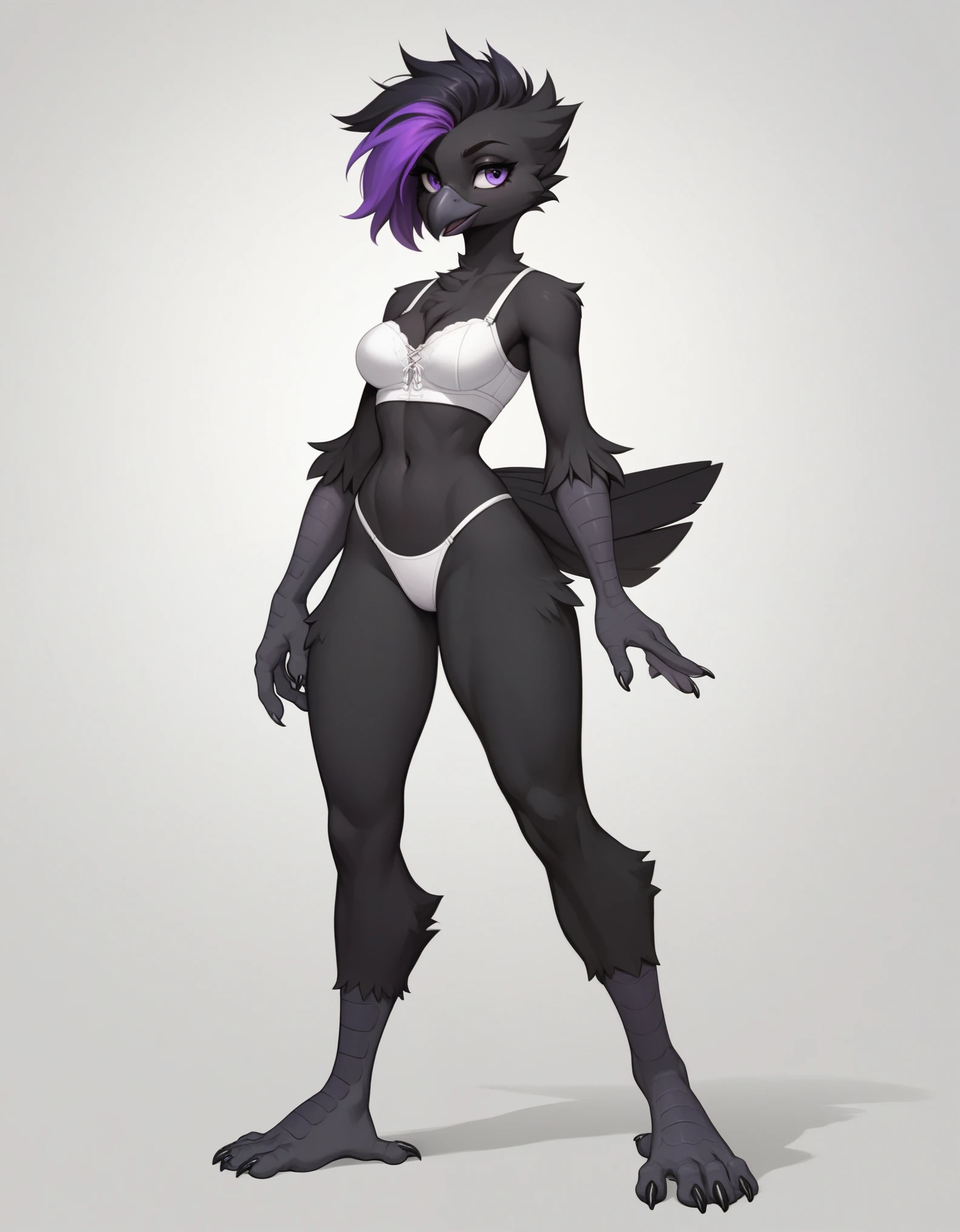 Score_9, score_8_up, score_7_up, flat colors,  an Anthro avian crow girl, female, small grey beak, tall, small crow tail, black body, standing, white background, purple eyes, short black emo hair, purple highlights in hair, hands with five fingers, wearing white bra, white thong, full body shot, barefoot, bird leg texture, bird arm texture,  5 toes, toe claws