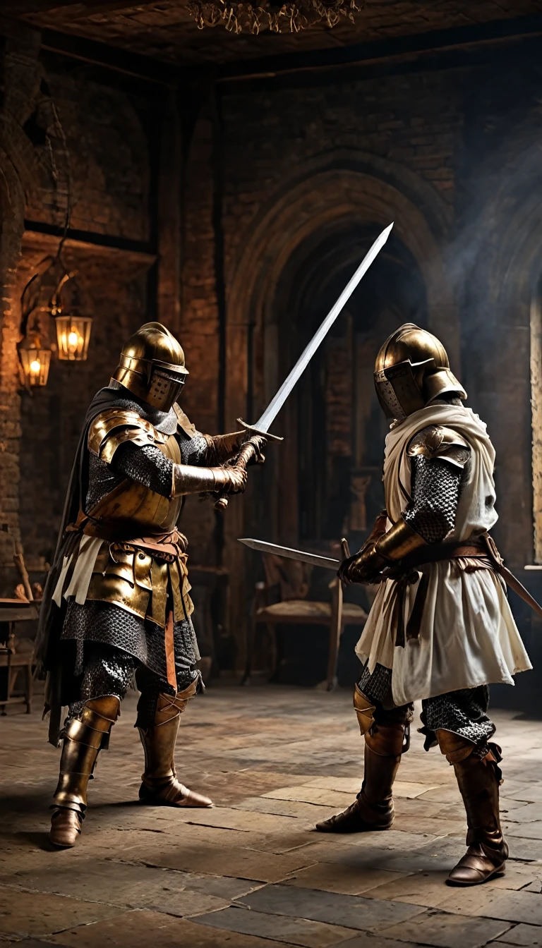 Two knights in a duel, with one laying down his sword and raising a white flag,  holding a white flag, hyper realistic, ultra detailed hyper realistic, photorealistic, Studio Lighting, reflections, dynamic pose, Cinematic, Color Grading, Photography, Shot on 50mm lens, Ultra-Wide Angle, Depth of Field, hyper-detailed, beautifully color, 8k, golden light from the front,