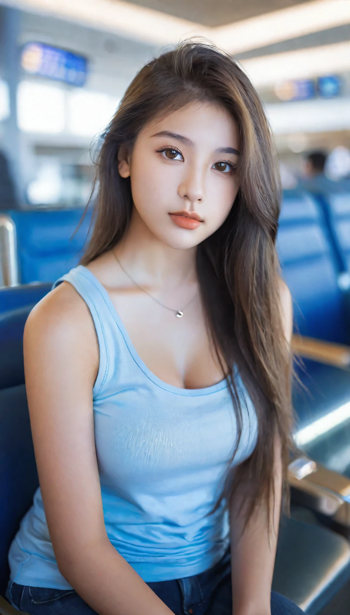 extreme close-up of -old beauul girl, big nose, straight hair, huge breasts, wearing fitting tank top, sitting in terminal lounge, bokeh background, UHD