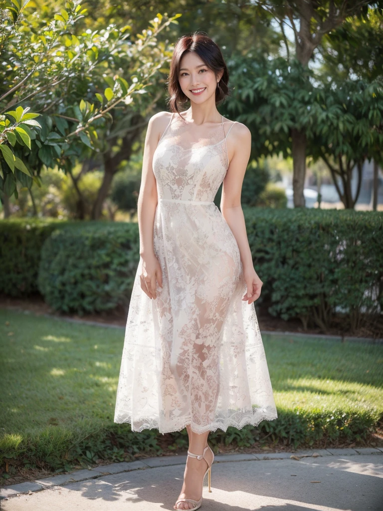 最high quality, 8K, Masseter area, Energetic, Clear focus, high quality, high resolution, Delicate face, Fine particles, thick lips, (Looking at the audience), Solitary, Beautiful woman, 38 years old, Plum, Black hair,  (Light-colored open-neck spaghetti strap lace dress:1.5), afternoon、In front of the park garden,（Standing in the park：1.5）、((Smile:1.5))、((Wearing black high heels))，Tall