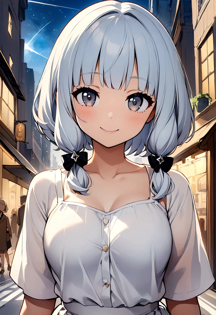 Highest quality、high resolution、masterpiece、Cute anime-style illustrations、One Woman、Light blue hair、Short Bob、Grey Eyes、White Cami Dress、Stylish older sister、smile、city