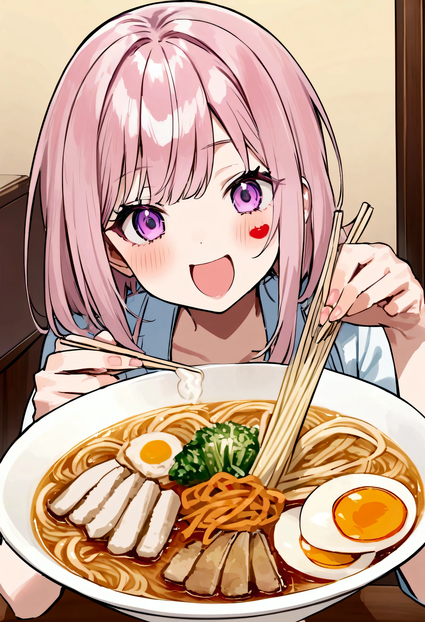 Presenter on sticker of Udon Set is having Udon Set, Ramen Set Japanese noodles Set, show presenter