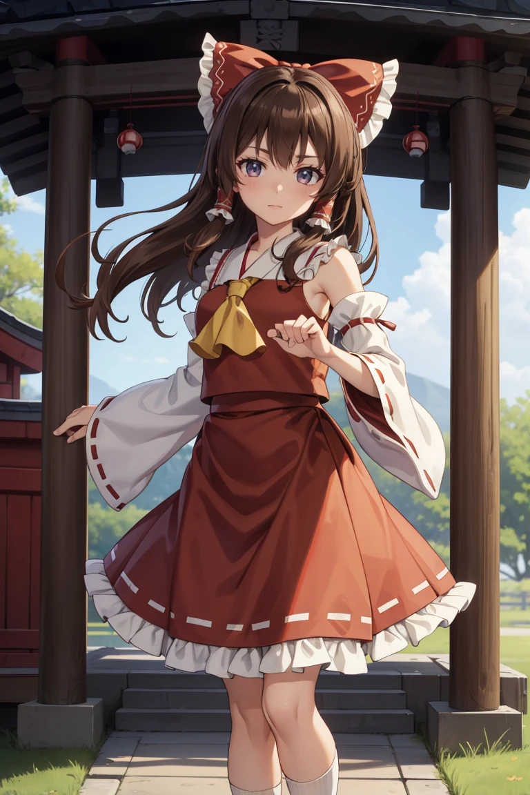 Reimu Hakurei, (Brown eyes:1.5), Brown Hair, bow, hair bow, Hair Tube, Long Hair, red bow, Side Lock,
Blake Ascot, Bare shoulders,Removable sleeves, embellished costume, Frills, kimono, Non-traditional Shrine Maiden, red skirt, Sandals, sarashi, skirt, socks, White sleeves, white socks, Wide sleeves, 
BREAK Watch Viewers,
Outdoor rest, shrine,Cowboy Shot,Smile Break (masterpiece:1.2), Highest quality, High resolution, unity 8k wallpaper, (figure:0.8), (Beautiful attention to detail), Highly detailed face, Perfect lighting, Highly detailed CG, (Perfect hands, Perfect Anatomy),Dynamic pose,