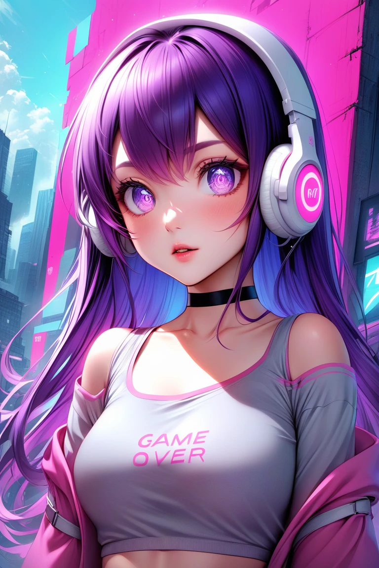 This is a digital illustration of an anime girl wearing a grey bra top with a pink trim and the words "GAME OVER" written over the bust. The girl is wearing a black choker and has long purple hair with white streaks in it. She is wearing pink and white headphones and has large eyes. The background is a blurry scene with a light blue, grey, white, and pink color scheme. The image appears to be set in a video game or in a virtual world, with a heavy emphasis on the neon color palette that commonly appears in games and anime. one purple eye, one pink eye