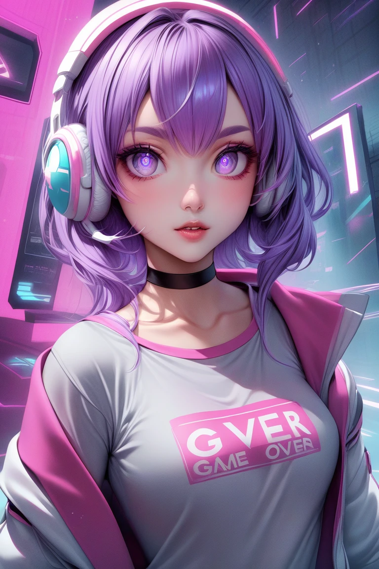 This is a digital illustration of an anime girl wearing a grey bra top with a pink trim and the words "GAME OVER" written over the bust. The girl is wearing a black choker and has long purple hair with white streaks in it. She is wearing pink and white headphones and has large eyes. The background is a blurry scene with a light blue, grey, white, and pink color scheme. The image appears to be set in a video game or in a virtual world, with a heavy emphasis on the neon color palette that commonly appears in games and anime. one purple eye, one pink eye