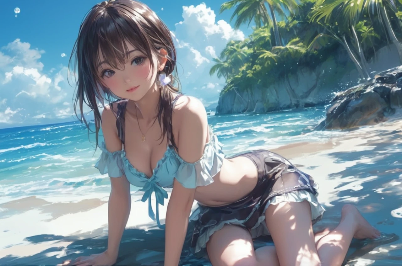 master piece, extremely detailed, high resolution, Makoto Shinkai style, fullbody, Lustrous pink lips, Tan Skin, Tropical island night view, Beach Background, very cute, ponytail, Having fun with a beach ball, Shining Sweat, Brown Hair, Mid-chest, Narrow waist, fullbody, Glossy, plump lips, Shiny Hair, The water splashes shine and emit seven colors of light., A very cheerful and fun look, Ruffled swimsuit, master piece, extremely detailed, high resolution, Makoto Shinkai style, fullbody, Lustrous pink lips, Tan Skin, Tropical island night background, Beach Background, very cute, ponytail, Having fun with a beach ball, Shining Sweat, Brown Hair, Mid-chest, Narrow waist, fullbody, Glossy, plump lips, Shiny Hair, The water splashes shine and emit seven colors of light., A very cheerful and fun look, Ruffled swimsuit