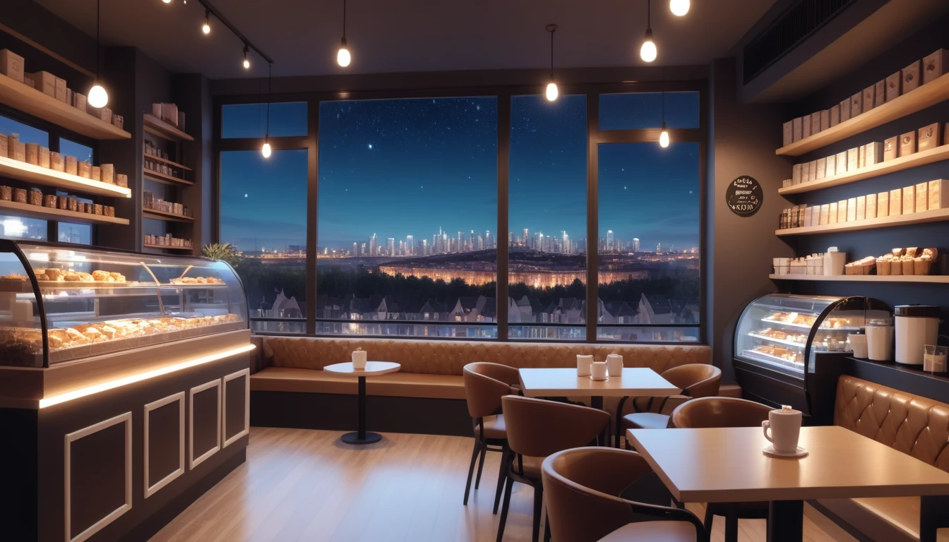 a cozy night time at a coffe interior with cozy lighting and sweets in the shelves. There are coffee cups in the tables. There is a big window in the middle of the coffeeshop and the outside view is a city