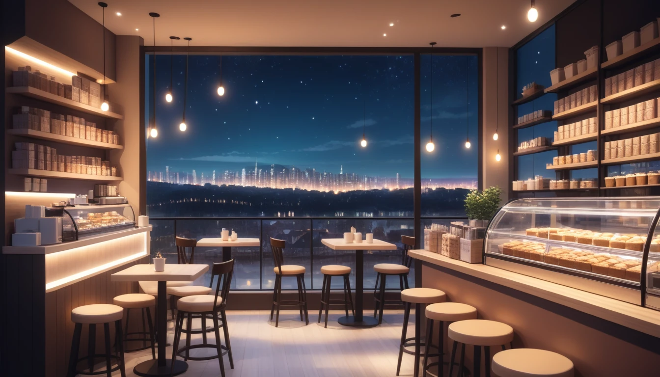 a cozy night time at a coffe interior with cozy lighting and sweets in the shelves. There are coffee cups in the tables. There is a big window in the middle of the coffeeshop and the outside view is a city