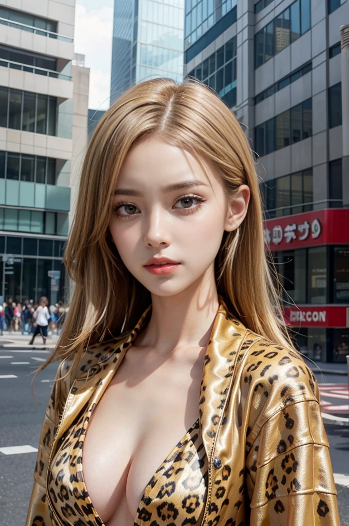 Layered Bob Hairstyle, (blonde hair, The inner color is red:1.2), She is beautiful, Glowing golden eyes, masterpiece, Highest quality,(Realistic: 1.4), Ultra-high resolution, Unity 8k, (Beautiful and beautiful eyes:1.6), Symmetric, Highly detailed face, Perfect lighting, (Perfect hands, Perfect Anatomy), (Urban Background:1.3), ((Maxi knit dress and leopard print fur coat 1.3)), (Browsing Caution:1.3),