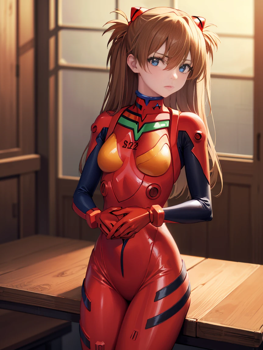 Sugar Angly, Asuka Langley Soryu, (Soryu Asuka Langley:1.5), blue eyes, hair between eyes, headdress, interface headset, orange hair, both sides,
Blake bodysuit, long sleeves, plug suit, Red bodysuit,
Relax indoors, miscellaneous room,
break looking at viewer, (cowboy shot:1.5),
break (table top:1.2), best quality, high resolution, unity 8k wallpaper, (illustration:0.8), (beautiful detailed eyes:1.6), more detailed face, perfect lighting, Extremely detailed CG, (perfect hands, complete anatomy),