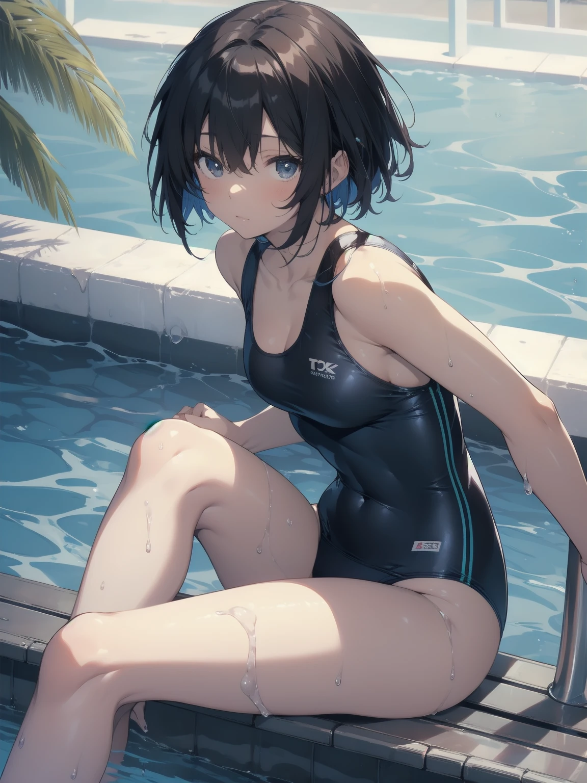 ultra-Top-quality by art God, ultra-detailed, high resolution, shinkai makoto style, anime moe artstyle, best anime 8k konachan wallpaper, pixiv contest winner, perfect anatomy, break,(Please draw a picture of a girl in a swimsuit sitting sleepily on a bench by the poolside alone.),break, a hyperrealistic school girl, (Solo,****ta, kid, 13-year-old:1.3),Full limbs, complete fingers, androgynous charm, (very short hair), wet hair, small breasts,slender body, Small butt, groin, Small black eyes,hanme,beautiful detailed eyes, well-proportioned iris and pupils, sleepy eyes, highres detailed hair, swimsuit, wet swimsuit, bare shoulders, thighs, in the school pool. break,super detailed skin, shiny skin, Best lighting powered by famous artist, 8k, illustration,UHD, textured skin,break,((artist:toosaka_asagi )), artist:clamp ,artist:carnelian ,artist:kantoku ,