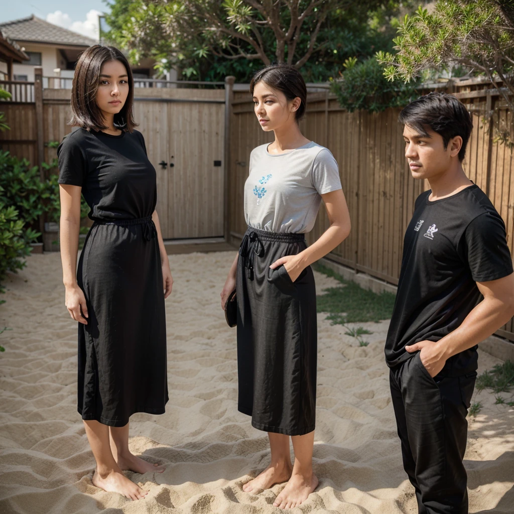 a young man, shorty black neatly haircut style, wear black t-shirt motifs, shorty pant, standing with expresion face surprize on beside a beauty woman wear long dress clothes who currently standing while taking with holding pakaian dalam (๐) female while for sale, real hyper realistic, real human japanese, detailed photo, perfect face, photo was taken from a facial side on yard the sand of beach blue water sea