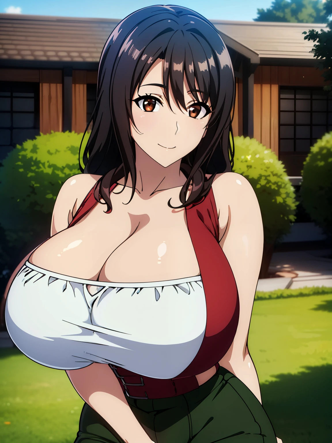 (超High resolution,4K,Very detailed, photograph, 8K, High resolution, High resolution, Absurd:1.2),35-year-old Japanese woman,Mature Body,expensive,(Long black hair:1.4),Beautiful character design,Beautifully detailed eye depiction,Perfect Face,Expressive eyes,Brown eyes,(smile,Smiling with teeth showing:1.2),Buttoned blouse,Blue denim pants,(Huge breasts:1.2),Tight waist,In the garden,Daytime,Cowboy Shot