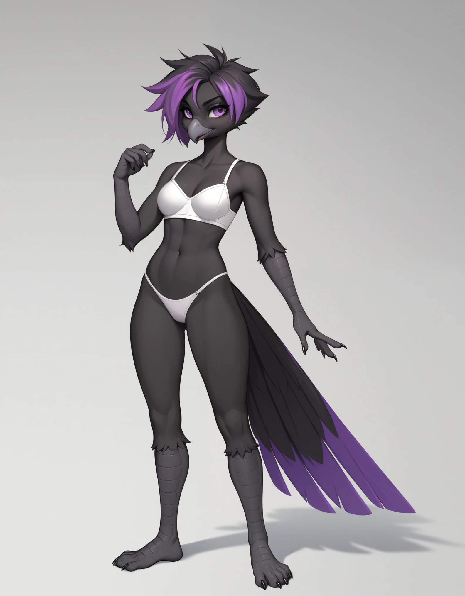 score_9, score_8_up, score_7_up, source_anime,  sera, Anthro black avian, puffed up feathered chest fluff, purple eyes, tall slender body, black hair with purple highlights, female, wearing black bra, black thong, tall and slender body, barefoot, 5 toes, bored expression, one hand on hip, white background, full body shot