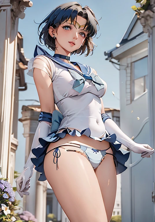masterpiece, highest quality, High resolution, Realistic, Show more1, tiara, Sailor Warrior Uniform, Blue Skirt, Blue sailor collar, tiara, bow, Knee Boots, choker, White gloves, blue choker, elbow gloves, jewelry, Earrings, Pleated skirt, Cowboy Shot, Garden with lots of blue flowers on background, Arms above head, Angle from below, ((Showing panties:1.3))