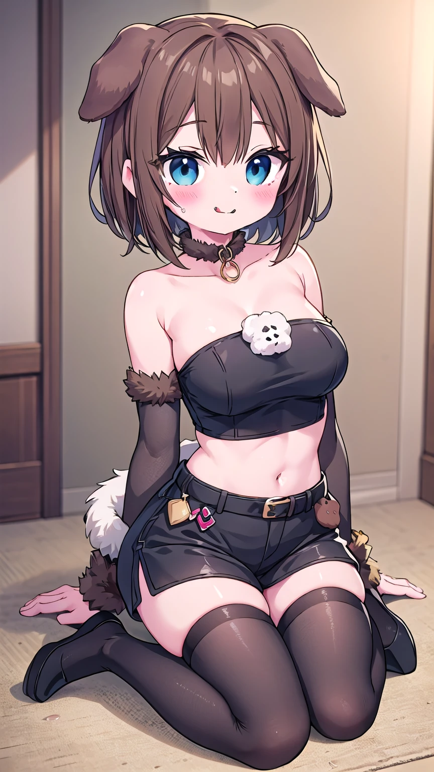 blue eyes、short hair、smile、Brown Hair、Black Hair、(Dog ears)、(茶色のDog ears)、(Dropped ears)、(Wonder Puppy Cosplay)、(Fur choker)、(ふわふわFurry fuzzy crop tube top)、(Furry fuzzy crop tube top:1.1)、(Black-brown fuzzy crop tube top)、(Meatball Handbag)、(Brown gloves)、(Brown cufflinks)、(Fluffy cufflinks)、(Fur leg warmers)、(Brown leg warmers)、(Dog&#39;s tail)、（furの足）、（Bushy legs）(Brown tail)、(Bushy Tail) ,(Brown　Drawers),(Fluffy　Drawers),(fur　Drawers),(blush)、(Ahegao)、(Climax)、(Futanari)、(Erect penis)、(ejaculation)、(Watery eye)、(Tongue out)、(Dark sperm)、Drooling）、（Completely naked）、（Bow-legged）、