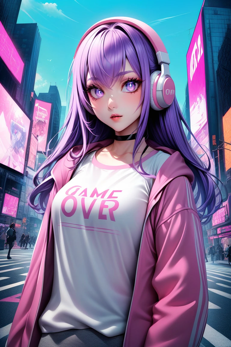 This is a digital illustration of an anime girl wearing a grey bra top with a pink trim and the words "GAME OVER" written over the bust. The girl is wearing a black choker and has long pastel purple hair with white streaks in it. She is wearing pink and white headphones and has large eyes. The background is a blurry scene with a light blue, grey, white, and pink color scheme. The image appears to be set in a video game or in a virtual world, with a heavy emphasis on the neon color palette that commonly appears in games and anime.