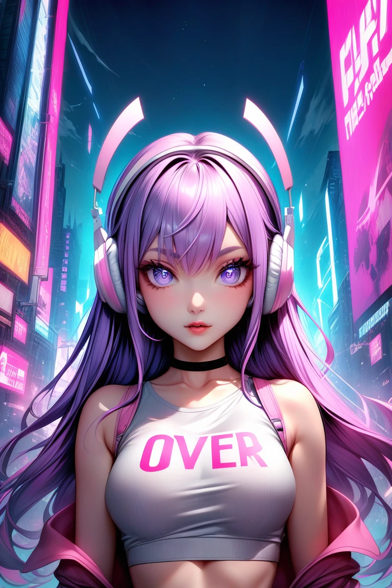 This is a digital illustration of an anime girl wearing a grey bra top with a pink trim and the words "GAME OVER" written over the bust. The girl is wearing a black choker and has long pastel purple hair with white streaks in it. She is wearing pink and white headphones and has large eyes. The background is a blurry scene with a light blue, grey, white, and pink color scheme. The image appears to be set in a video game or in a virtual world, with a heavy emphasis on the neon color palette that commonly appears in games and anime.