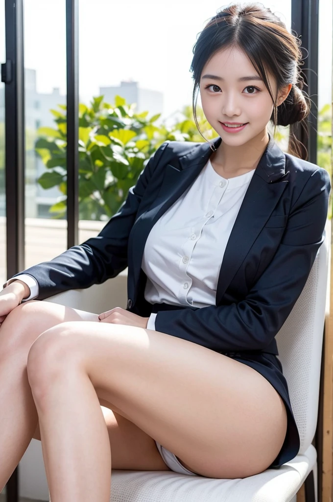 Pure Japanese office girl, outstanding body, beautiful legs, wearing business suits, natural hairstyles, sweet smile, sitting, refreshing in early summer, composition from the front,
