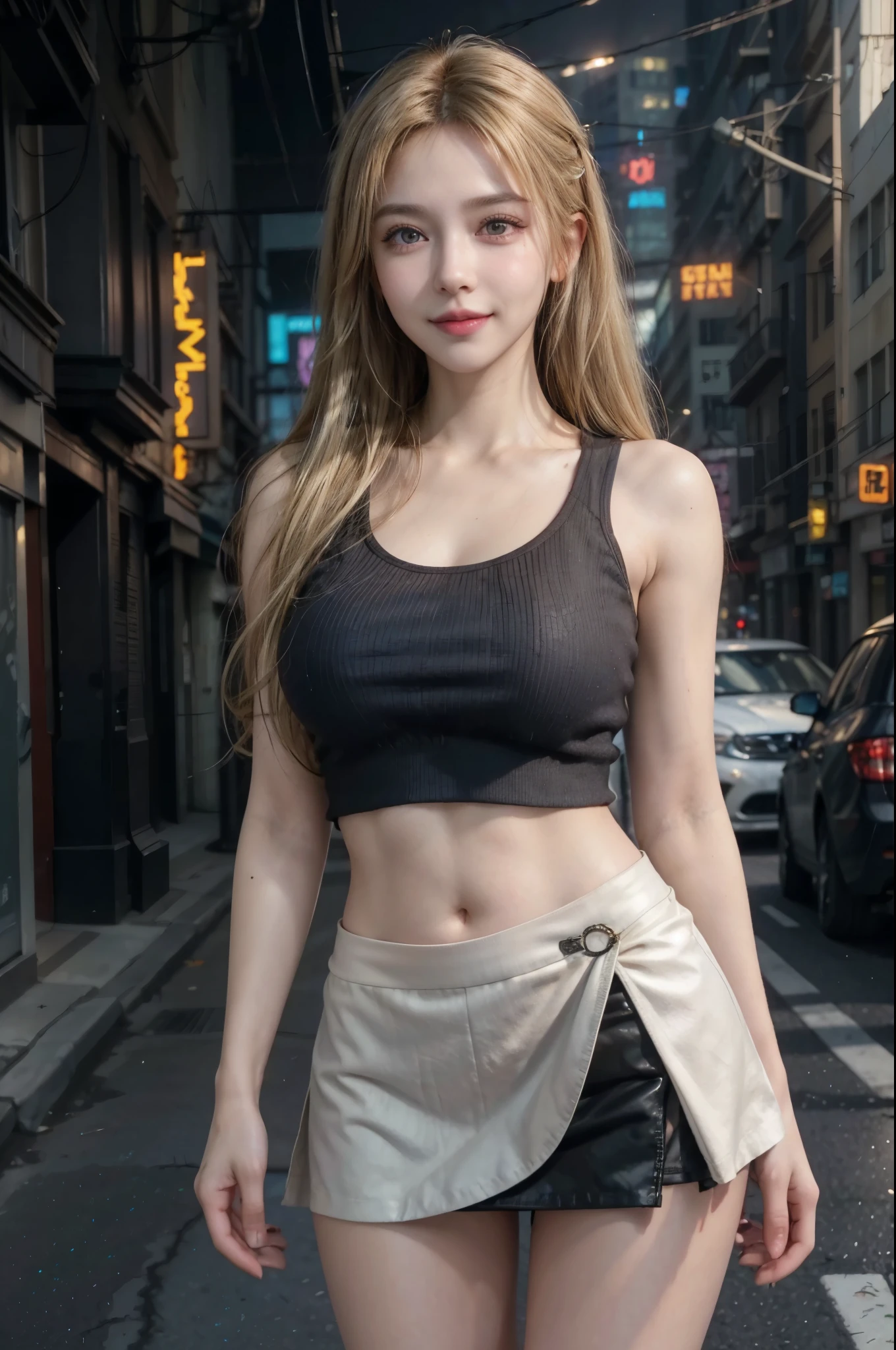 1girl, Blue eyes, (smile), (Sana Minatozaki), wide hips, Big , big ass, (Best Quality, 8k, Masterpiece: 1.3), perfect hands, Clear Focus: 1.2, Perfect Body Beauty: 1.4 , Strongs Abs: 1.2, Highly detailed face and skin texture, detailed eyes, double eyelids, (blonde long hair), (black sleeveless t-shirt), leather belt, (black pleated skirt), standing, dynamic pose, ((on the streets of Miami Beach Washington Avenue :1.3))