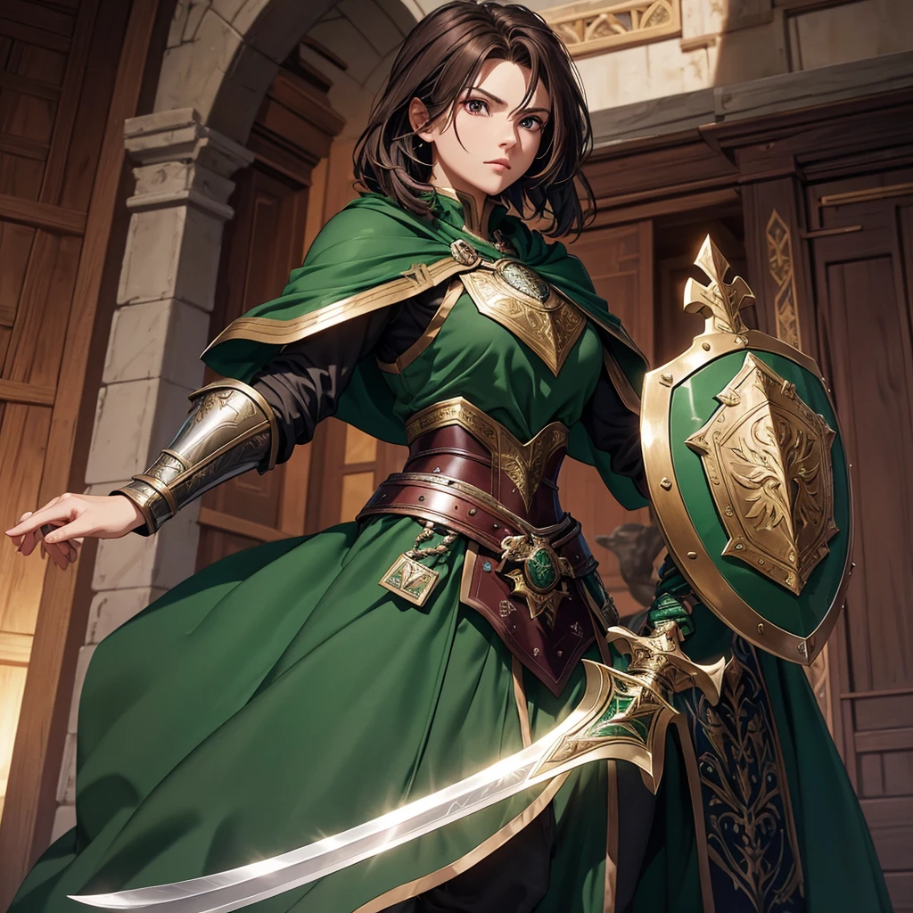 Name: Thalia IronshieldAppearance:Hair: Dark brown, short, and neatly kept.Eyes: Emerald green, full of determination.Attire: Shining plate armor with holy symbols engraved on the chest, a maroon cloak, and wielding a large shield and sacred sword.