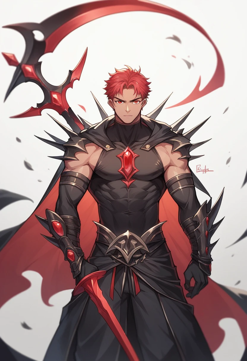He was handsome male with sharp features and alluring crimson eyes . His hair is black down to his waist. In his right hand he has greatsword 200 cm long black blade , red engravings and hilt filled various gem of different colours of each element. In his left hand he has equipped gauntlet with red vein like outlines