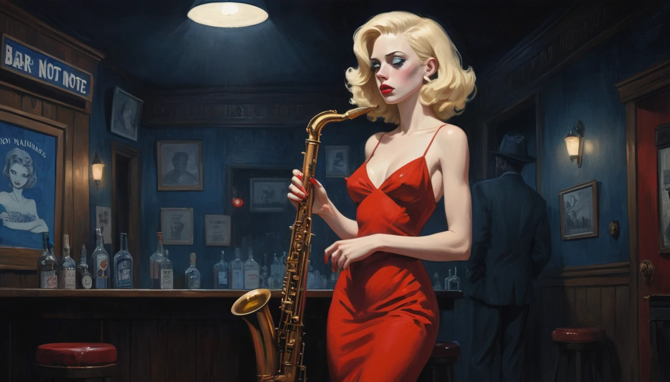 robert johnson, gritty, alabama bar, blue note, charismatic, red dress, illustration, noir fantasy, lone blonde lady, sad ending, saxophonist