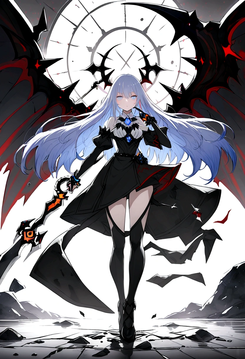 Blue eyes looking at me, long blue hair, black robe, black crown, black scythe
