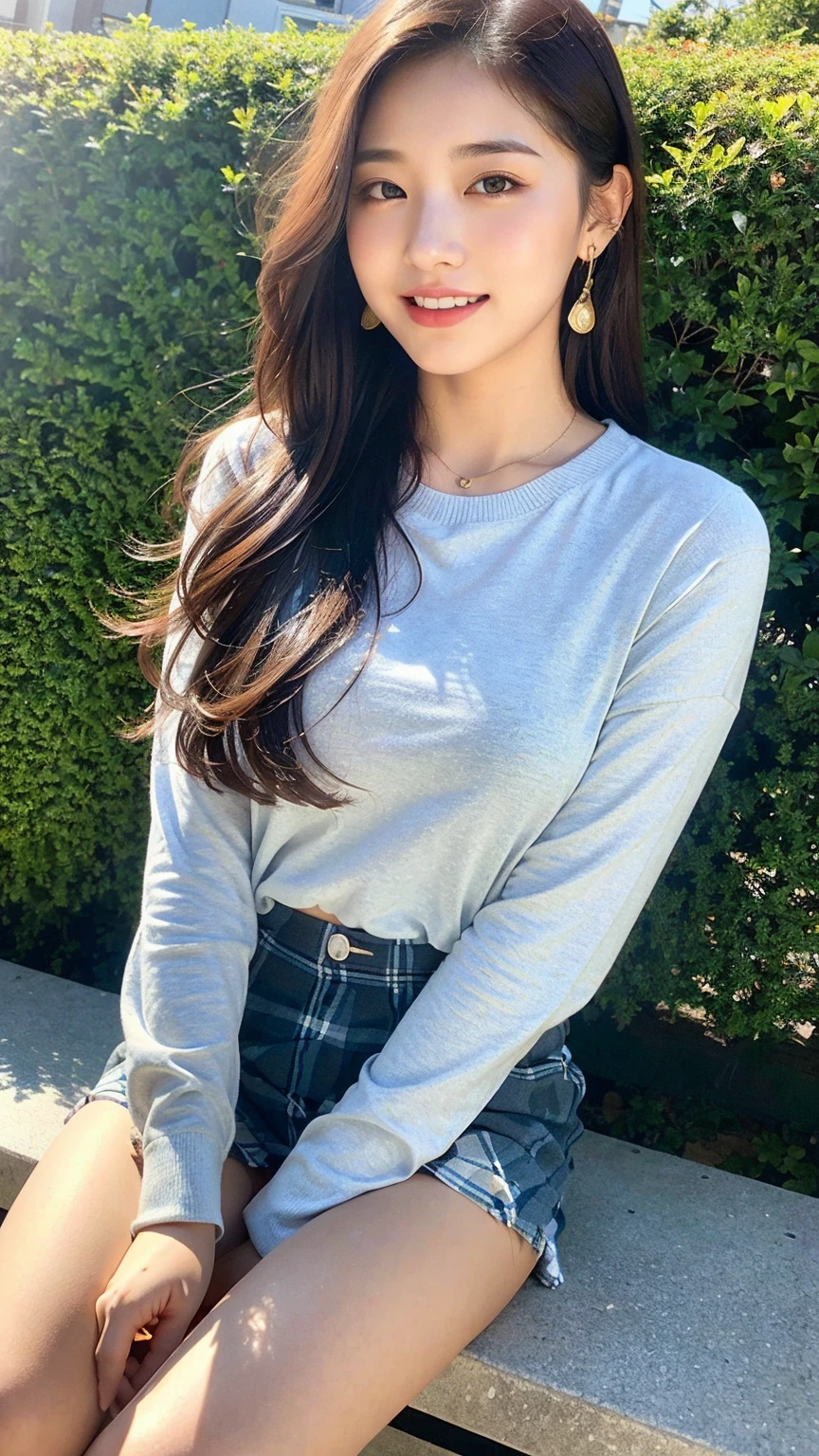 (8K), (best quality: 1.2), (realistic), (realistic: 1.37), ultra high resolution, 1 girl, cute, laugh, closed mouth, beautiful details, beautiful nose, wet hair, red lip,small earrings,huge two cells, pork, thighs,Self Snap,College student ,sunny day,I can see the sea,sitting on bench,cross one's legs,look down,from above,(Simple light brown blazer 1),(dark brown pleated skirt),(dark red bow tie),(The pattern of the skirt and tie is a tartan check pattern....:1.3),濡れたthighs,Knee High Tights,(thighsにクローズアップ1)
