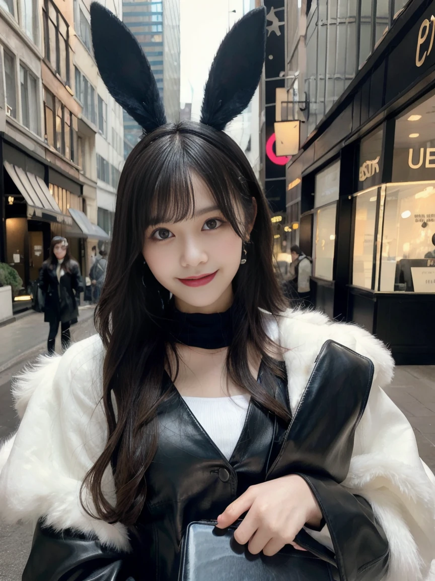Create a portrait of a beautiful woman with medium black hair, wearing black bunny ears and a black bunny leather outfit. She is holding a cute board with "100 Followers" written on it, standing confidently with a playful smile