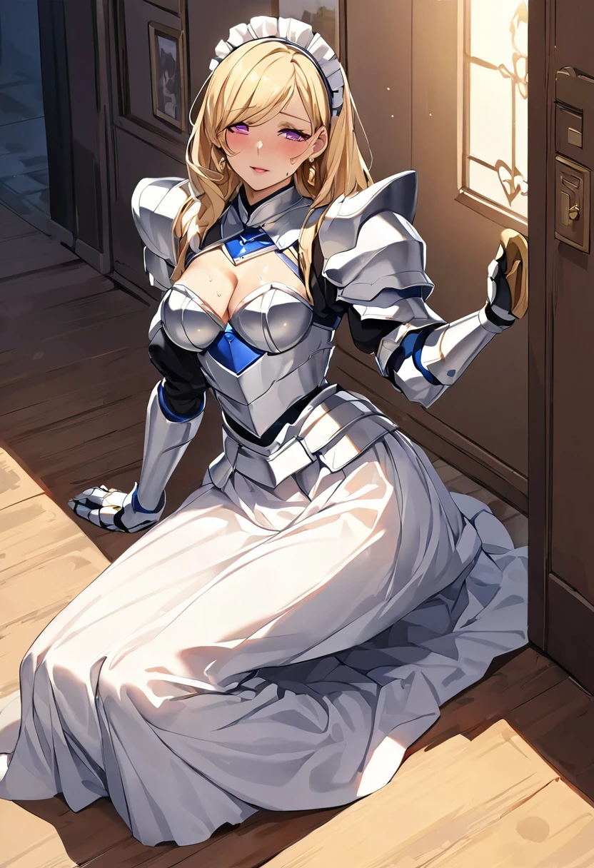 masterpiece、Highest quality、Ultra-high resolution、Maximum resolution、Very detailed、Professional Lighting、anime、Adult female、thin、so beautiful、Beautiful Face、Maid uniform long skirt、((Blue and white armor))、Shiny Armor、Holding a bow、Gold earrings、blonde、Purple eyes、Pink Lips、In front of the entrance、Full Body、 Bent body、Lie in, Look to the side, Worried face, Female genitals in full view, Drunk look, Hot body、Sweaty、