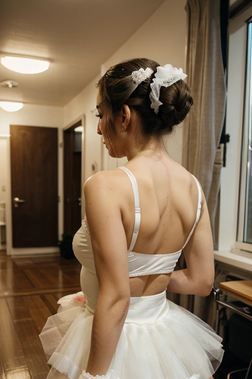 I'm a ballerina, I'm wearing a white tutu, my hair is tied up in a kichka, I'm getting ready to go on stage