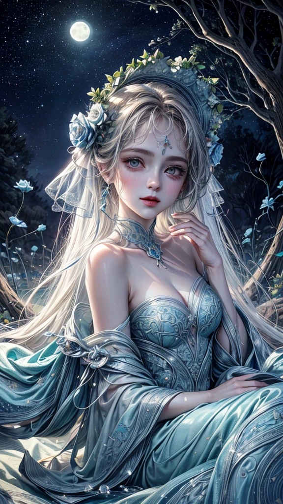 cara detallada, well-defined beautiful girl close-up, full body, slight smile, filigree, ultra highly detailed, mannerism, surrealism digital painting, by Marc Todd, Nicoletta Ceccoli, Ray Caesar, WLOP, close up half water transparent luminous nymph half blue rose, swirling blue rose vines, trees big blue closed rose flowers, moon, moonlight, detailed night sky with stars and clouds, lavish green leaves, garden, blossoming, stars, sparks, Van Gogh starry sky, celestial glowing, glowing aura, mystical, water drops, highly detailed, intricated, intricated pose, complex background, oil painting, thick strokes, mannerism, vibrant colors, masterpiece, high quality, 32k, best quality, vestido transparente sexi, senos pequeños, panti transparente, ojos dorados, pose sensual, pesones rosados, mostrando vagina,