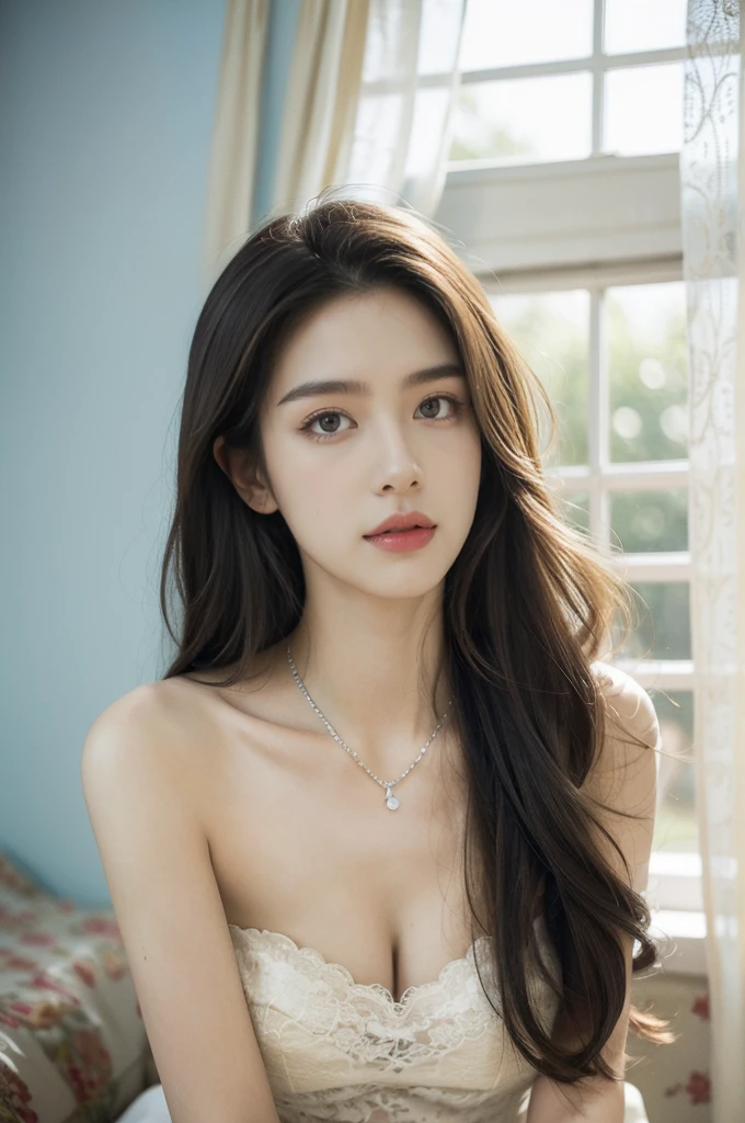 (((best quality))),(((ultra detailed))),(((masterpiece))),illustration,((1 beautiful girl,solo)),slim,thin,small breasts,flat chest,shoulder length straight hair,on bed,dilapidated,hotel room,summer's afternoon,anticipation,shyness,date,big almond-shaped eyes,excited,nervous,fair skin,flawless,rosy cheeks,strapless light blue bra,slender figure,delicate collarbones,white flowers,delicate silver chain,rusty bed frame,peeling wallpaper,white lace curtain,warm sunlight,soft warm glow,old-fashioned radio,cheerful tune,nervousness,heart pounding,excitement,door,plain attire,electric atmosphere,love,butterflies,((from front,close-up of face))