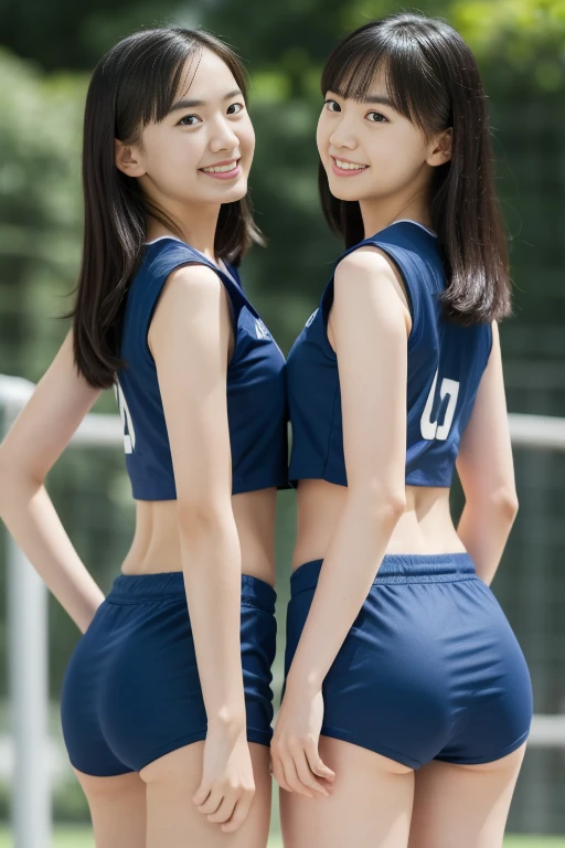 (Two Girls, Same height :1.2) ,Angle from below,Back view, Half volleyball uniform, Couple Focus , Japanese girl , (smile:0.7), Stand next to each other , Upper Body, White bra top, Dark blue bloomer, Beautiful thighs,Recall, Underarm, Realistic ass crack, smile, Short Hair, (High color saturation:1.0), (Highly detailed skin), (Highest quality:1.0), (Ultra-high resolution:1.0) ,(Like the picture:1.0), (Ultra-detailed:1.0), (8K, RAW Photos:1.1)