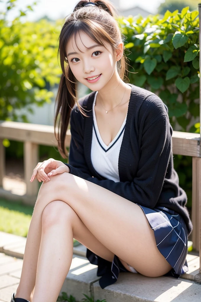 Pure Japanese school girl, outstanding body, beautiful legs, wearing uniform, panty, ponytail, sweet smile, sitting, refreshing in early summer, composition from the front,