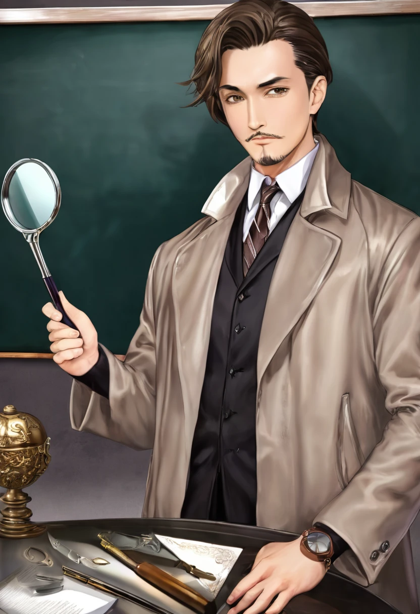 detailded. アニメ, adult gentleman with goatee chin muscular man very short hair, loose, flowing brown coat. ultra-shiny and polished bronze bracelets. cloaks covering the brown body with pen in pocket, Brown hair. brown coat under the coat. covering the entire body, handsome human male detective. Room background with ultra-gloss and polished silver table with research on a blackboard. Holding a silver ultra luster magnifying glass analyzing
