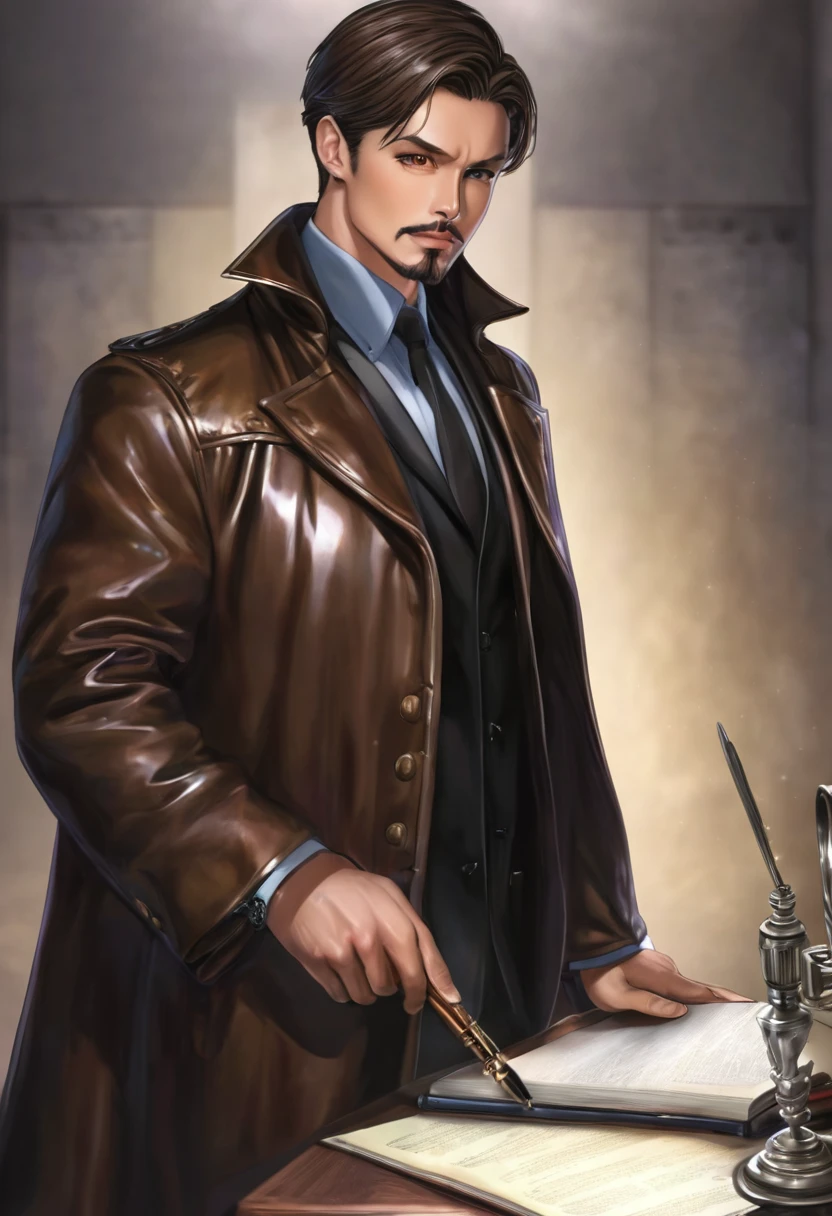 detailded. アニメ, adult gentleman with goatee chin muscular man very short hair, loose, flowing brown coat. ultra-shiny and polished bronze bracelets. cloaks covering the brown body with pen in pocket, Brown hair. brown coat under the coat. covering the entire body, handsome human male detective. Room background with ultra-gloss and polished silver table with research on a blackboard. Holding a silver ultra luster magnifying glass analyzing