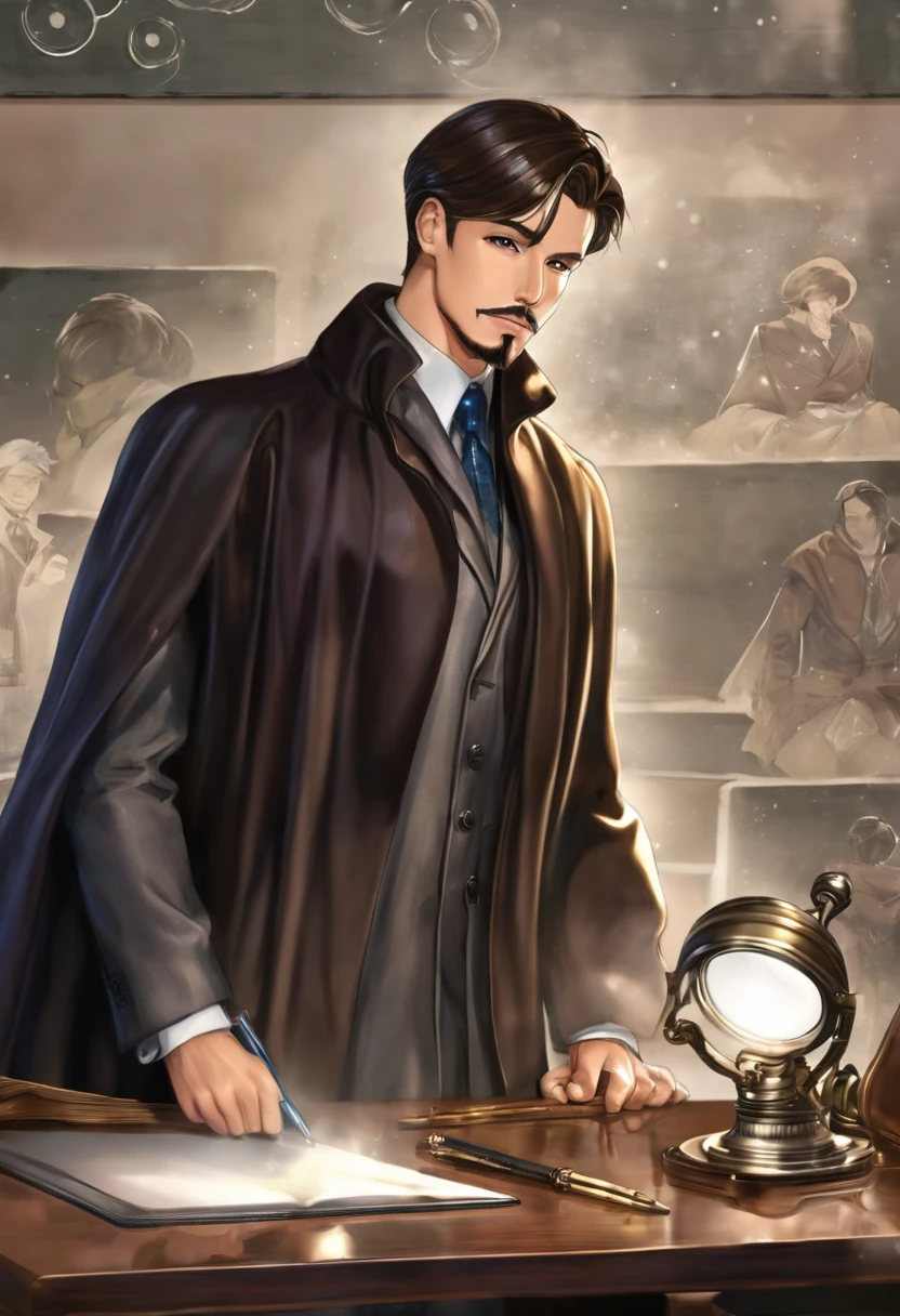 detailded. アニメ, adult gentleman with goatee chin muscular man very short hair, loose, flowing brown coat. ultra-shiny and polished bronze bracelets. cloaks covering the brown body with pen in pocket, Brown hair. brown coat under the coat. covering the entire body, handsome human male detective. Room background with ultra-gloss and polished silver table with research on a blackboard. Holding a silver ultra luster magnifying glass analyzing